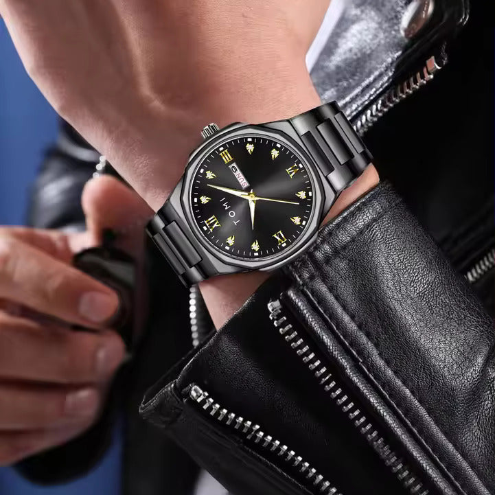 Person wearing a black wristwatch with a leather jacket